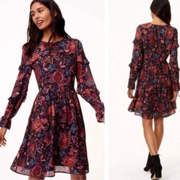 LOFT Ruffle Detail Long Sleeve Mid Length Boho Cottagecore Prairie Dress Sz 6 - Picture 1 of 9